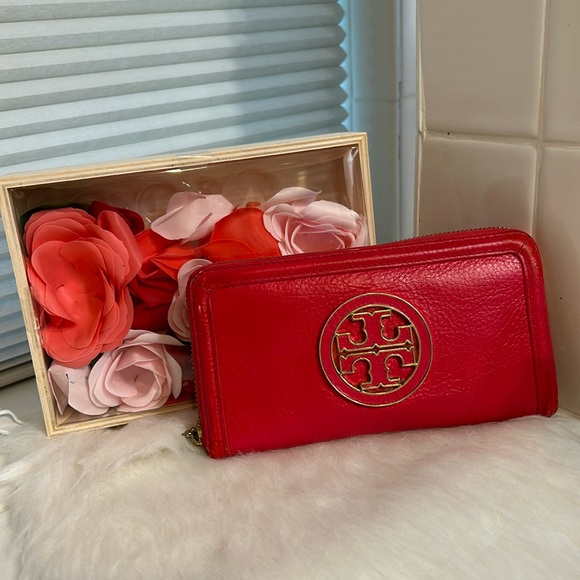 Tory Burch Handbags - Tory Burch Amanda Zip Continental Wallet Coral/pink Pebbled Leather